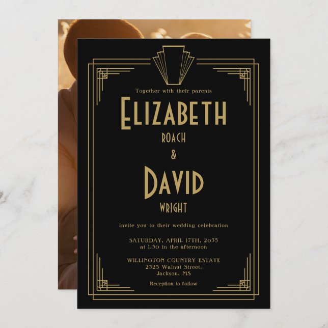 Black And Gold 1920s Art Deco Photo Wedding Invitation (Front/Back)