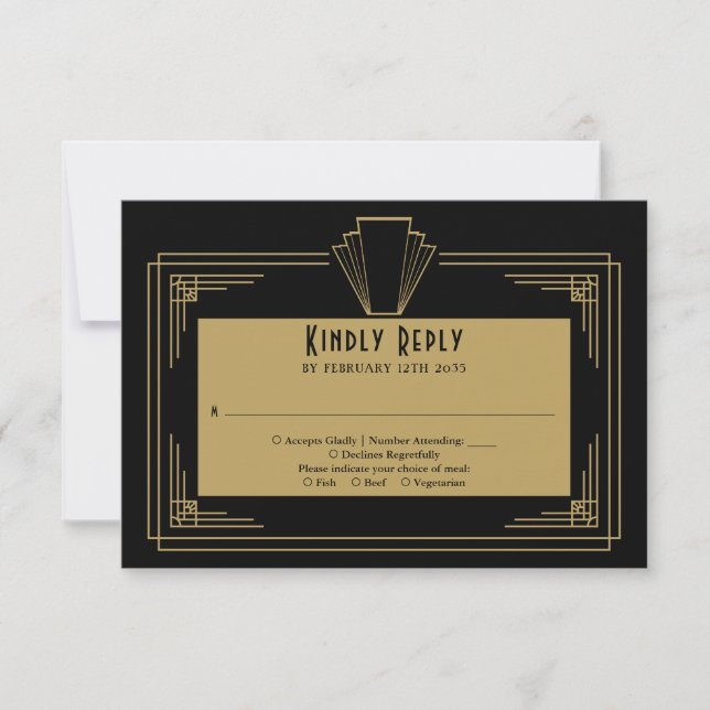 Black And Gold 1920s Art Deco Wedding RSVP Card (Front)