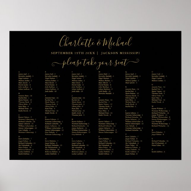 Black And Gold 200 Names Wedding Seating Chart (Front)