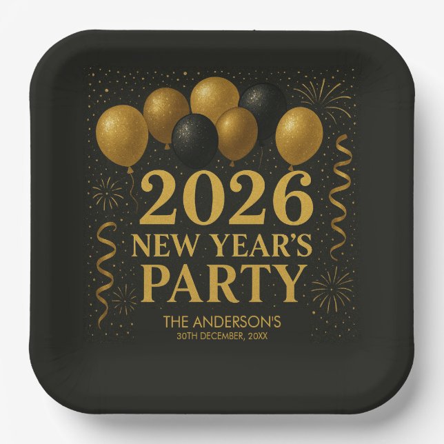 Black And Gold 2026 New Year Party Paper Plate (Front)