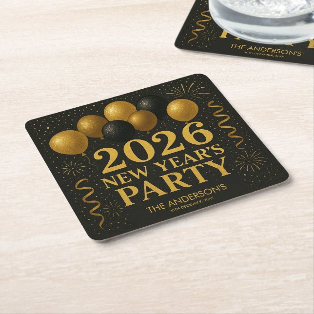 Black And Gold 2026 New Year Party Square Paper Coaster (Angled)
