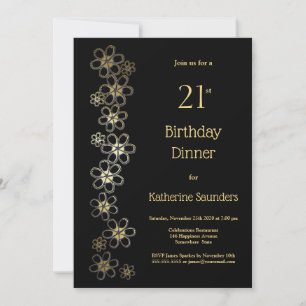 Black and Gold 21st Birthday Dinner Party Invitation