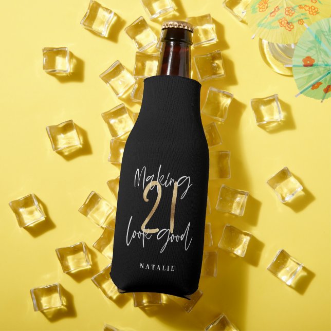 Black and gold 21st birthday modern script stylish bottle cooler (In Situ Summer)