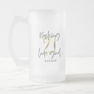 Black and gold 21st birthday modern script stylish frosted glass beer mug