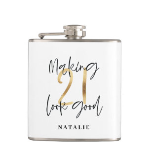 Black and gold 21st birthday modern script stylish hip flask