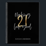 Black and gold 21st birthday modern script stylish notebook<br><div class="desc">Modern black and gold 21st birthday gift. Part of a elegant stylish collection</div>
