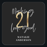 Black and gold 21st birthday modern script stylish square sticker<br><div class="desc">Modern black and gold 21st birthday gift. Part of a elegant stylish collection</div>