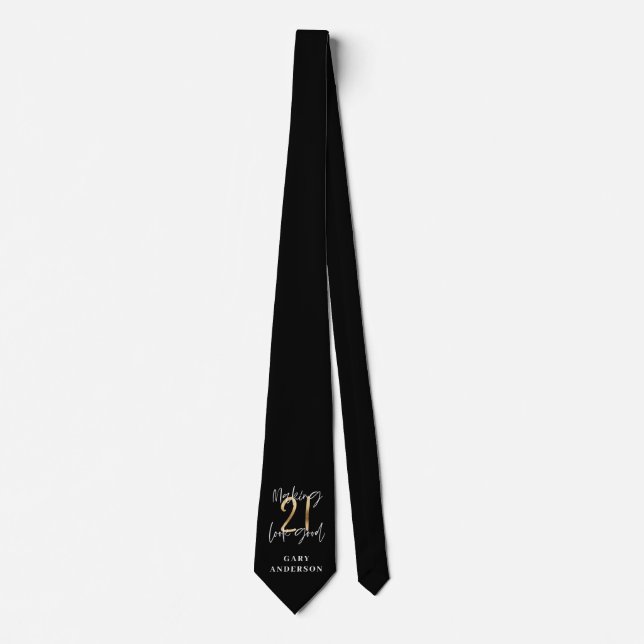 Black and gold 21st birthday modern script stylish tie (Front)
