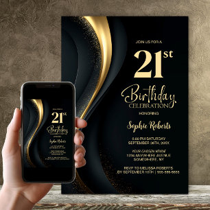 Black and Gold 21st Birthday Party Invitation