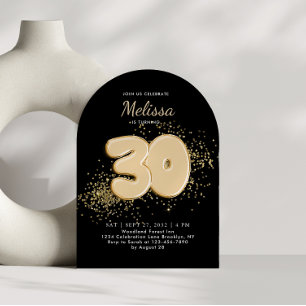 Black and Gold 30th Balloons Adult Birthday Arch Invitation