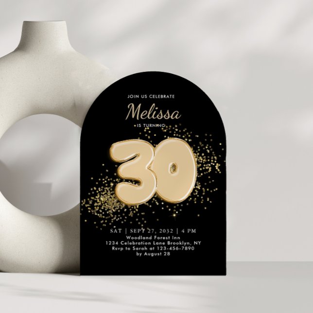 Black and Gold 30th Balloons Adult Birthday Arch Invitation (Creator Uploaded)