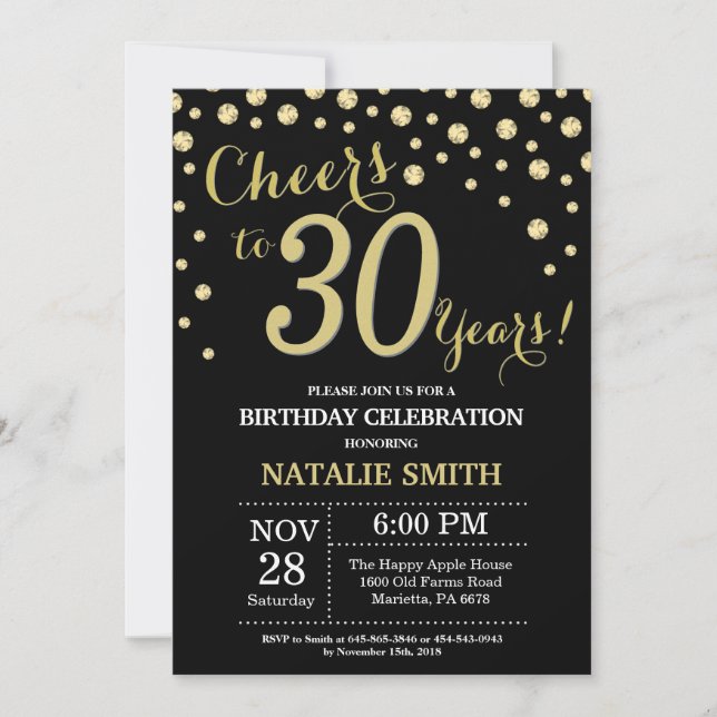 Black and Gold 30th Birthday Diamond Invitation (Front)