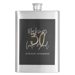 Black and gold 30th birthday modern script stylish hip flask