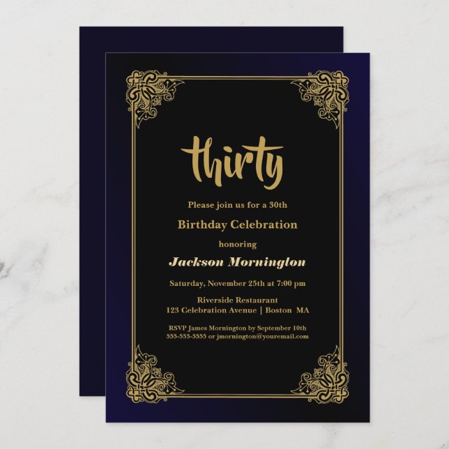 Black and Gold 30th Birthday Party Invitation (Front/Back)