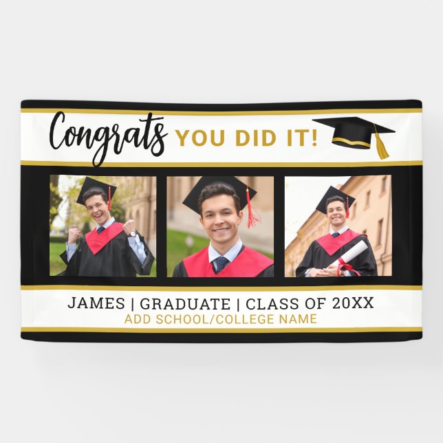 Black And Gold 3 Photo Collage Congrats Grad 2025 Banner (Horizontal)