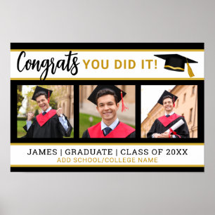 Black And Gold 3 Photo Collage Congrats Grad 2025 Poster