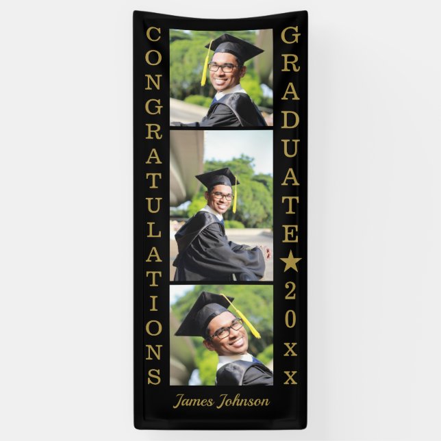 Black And Gold 3 Photo Congrats 2021 Graduate  Banner (Vertical)