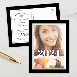 Black and Gold 3 Photo Graduation Party Invitation