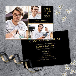 Black And Gold 3 Photo Law School Graduation Party Invitation