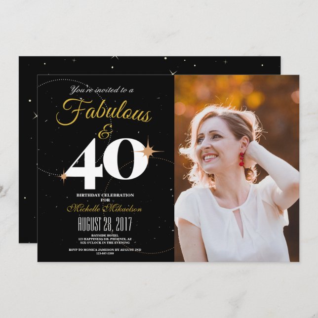 Black and Gold | 40 & Fabulous Birthday Photo Invitation (Front/Back)
