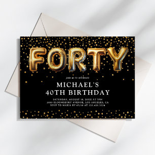 Black and Gold 40th Birthday Balloons Invitation