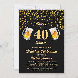 Black and Gold 40th Birthday   Cheers and Beers Invitation