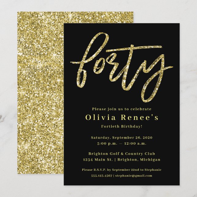 Black and Gold 40th Birthday Invitation Template (Front/Back)