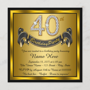 Black and Gold 40th Birthday Party Invitation