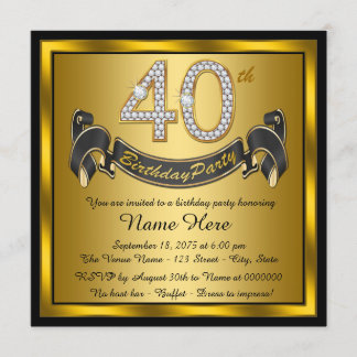 Black and Gold 40th Birthday Party Invitation