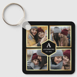 Black and Gold 4 Pictures Family Photo Collage Key Ring