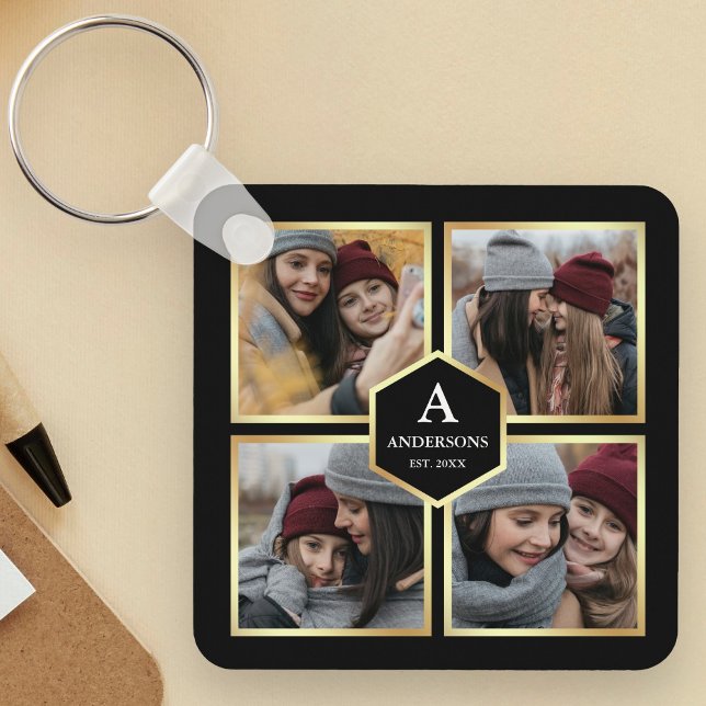 Black and Gold 4 Pictures Family Photo Collage Key Ring (Creator Uploaded)