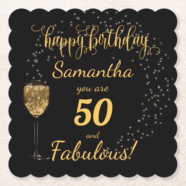 Black and Gold, 50 and Fabulous, Birthday Party Paper Coaster (Front)