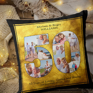 Black and Gold 50 Photo Collage Golden Wedding Cushion