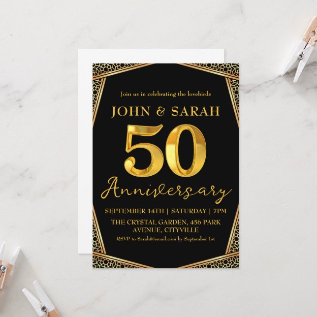 black and gold 50th anniversary party invitations (Front/Back In Situ)