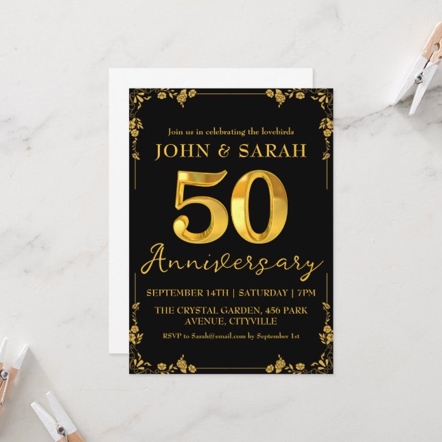 black and gold 50th anniversary party invitations (Front/Back In Situ)