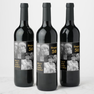 Black and Gold 50th Anniversary Personalised Photo Wine Label