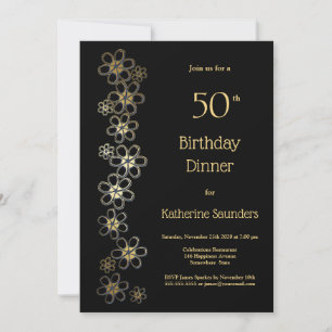 Black and Gold 50th Birthday Dinner Party Invitation