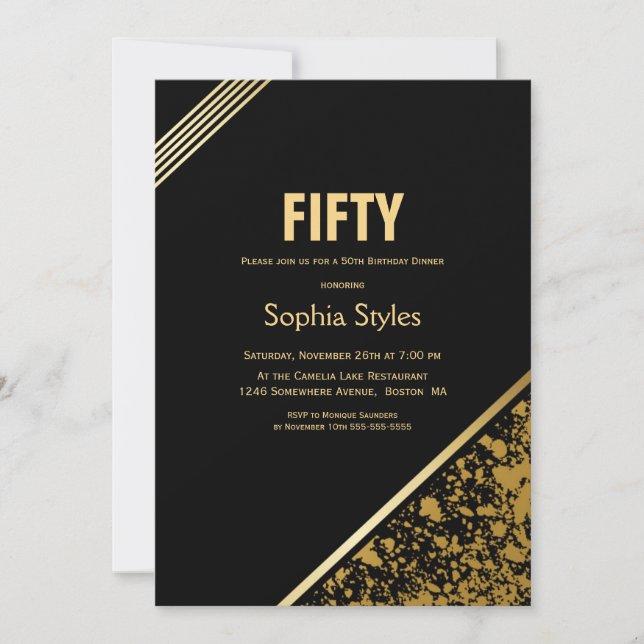 Black and Gold 50th Birthday Dinner Party Invitation (Front)