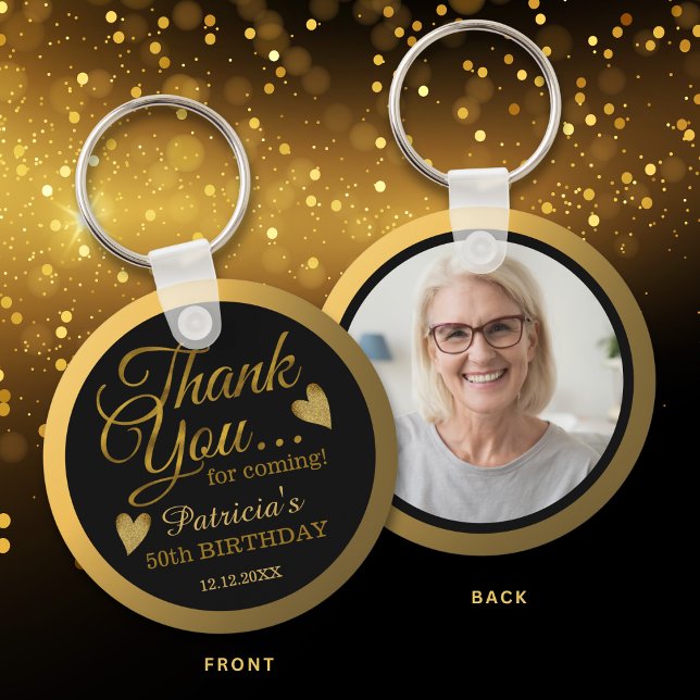 Black And Gold 50th Birthday Guest Thank You Photo Key Ring (Creator Uploaded)