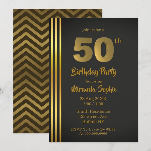 Black and Gold 50th Birthday Invitations (Front/Back)