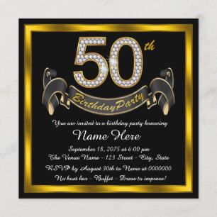Black and Gold 50th Birthday Party Invitation