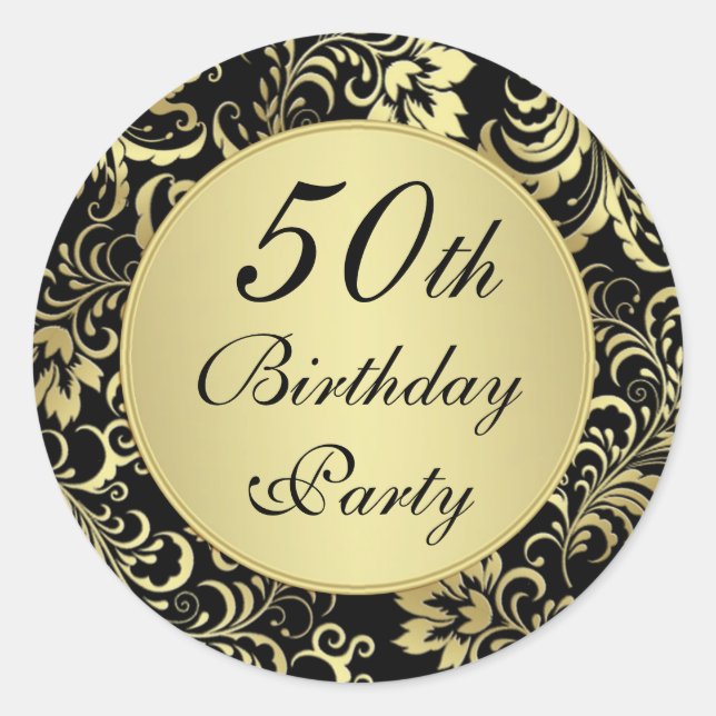 Black and gold 50th Birthday Party Sticker (Front)