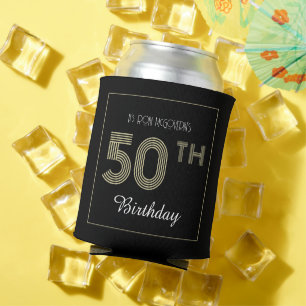 Black and Gold 50th Birthday Retro Stripe Print Can Cooler