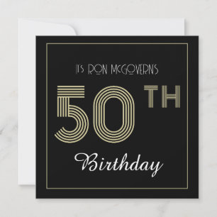 Black and Gold 50th Birthday Retro Stripe Print Invitation