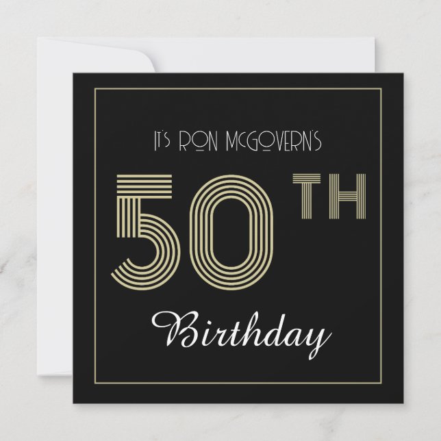 Black and Gold 50th Birthday Retro Stripe Print Invitation (Front)