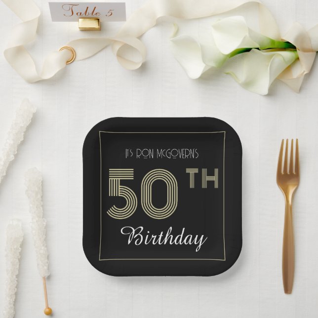 Black and Gold 50th Birthday Retro Stripe Print Paper Plate (Wedding)