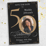 Black and Gold 50th Birthday Save The Date Card<br><div class="desc">Black and Gold 50th Birthday Save The Date Card. And elegantly designed special birthday celebration save the date,  featuring a custom photo of birthday person and script calligraphy with vintage flourish elements. Simple enough to fit a variety of themes and colours!
Need help? Simply contact me!</div>