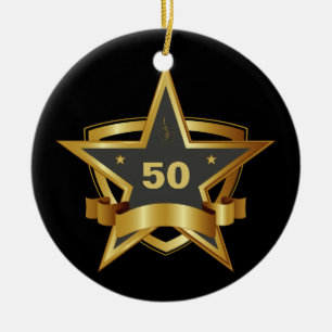 Black and Gold 50th Birthday Star Ceramic Tree Decoration
