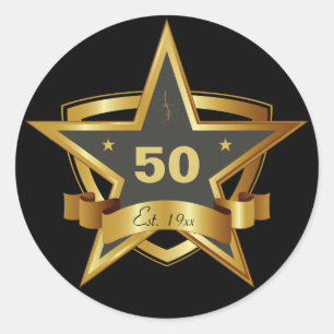 Black and Gold 50th Birthday Star Classic Round Sticker