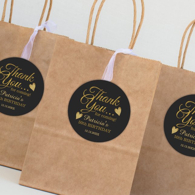 Black And Gold 50th Birthday Thank You Classic Round Sticker (Black And Gold 50th Birthday Thank You Classic Round Sticker Party favor stickers)